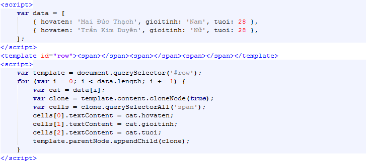 Phần tử template trong tài liệu HTML